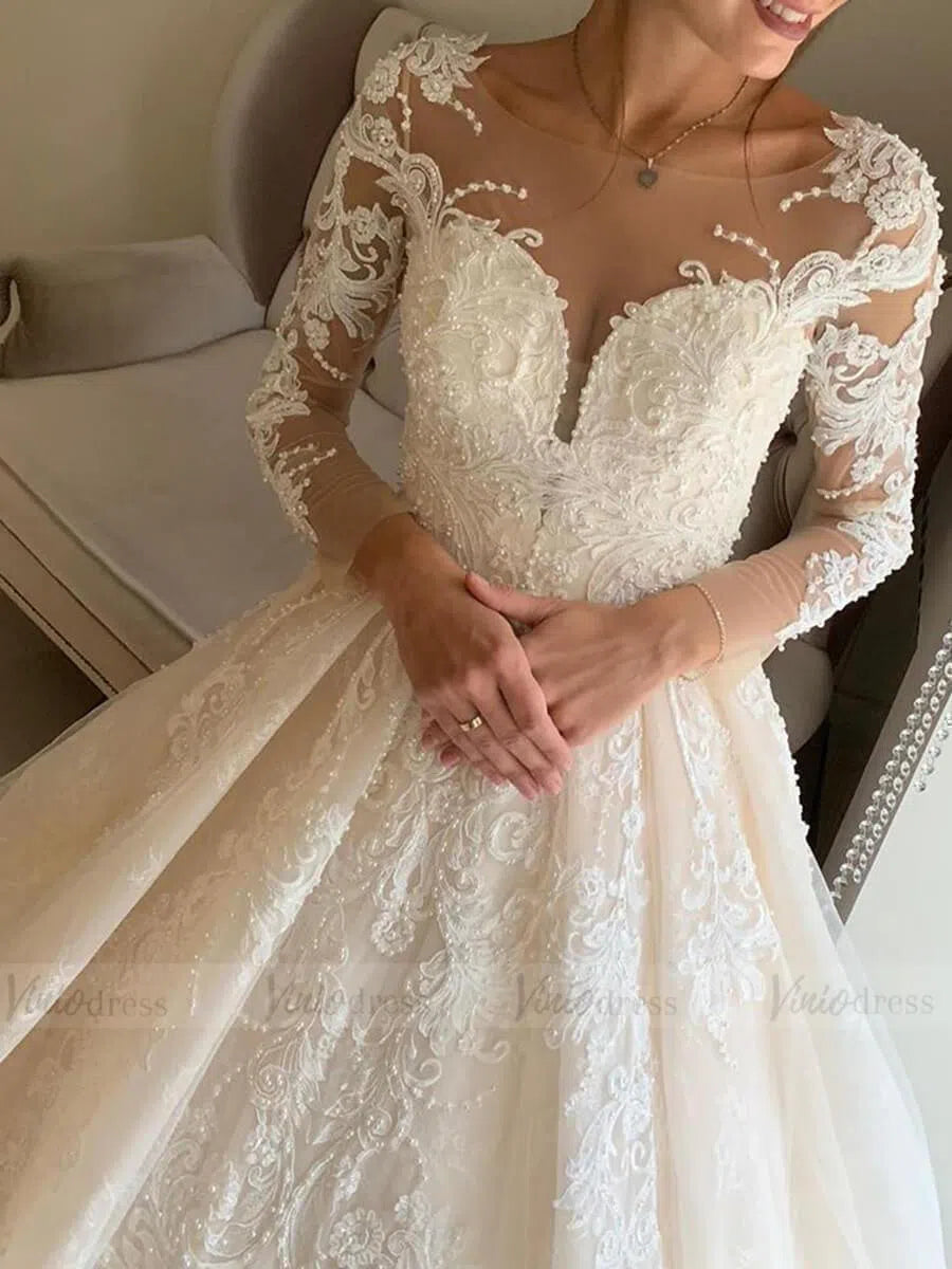 Luxury Vintage Champagne Lace Wedding Dresses with Sleeves VW1361-wedding dresses-Viniodress-Viniodress