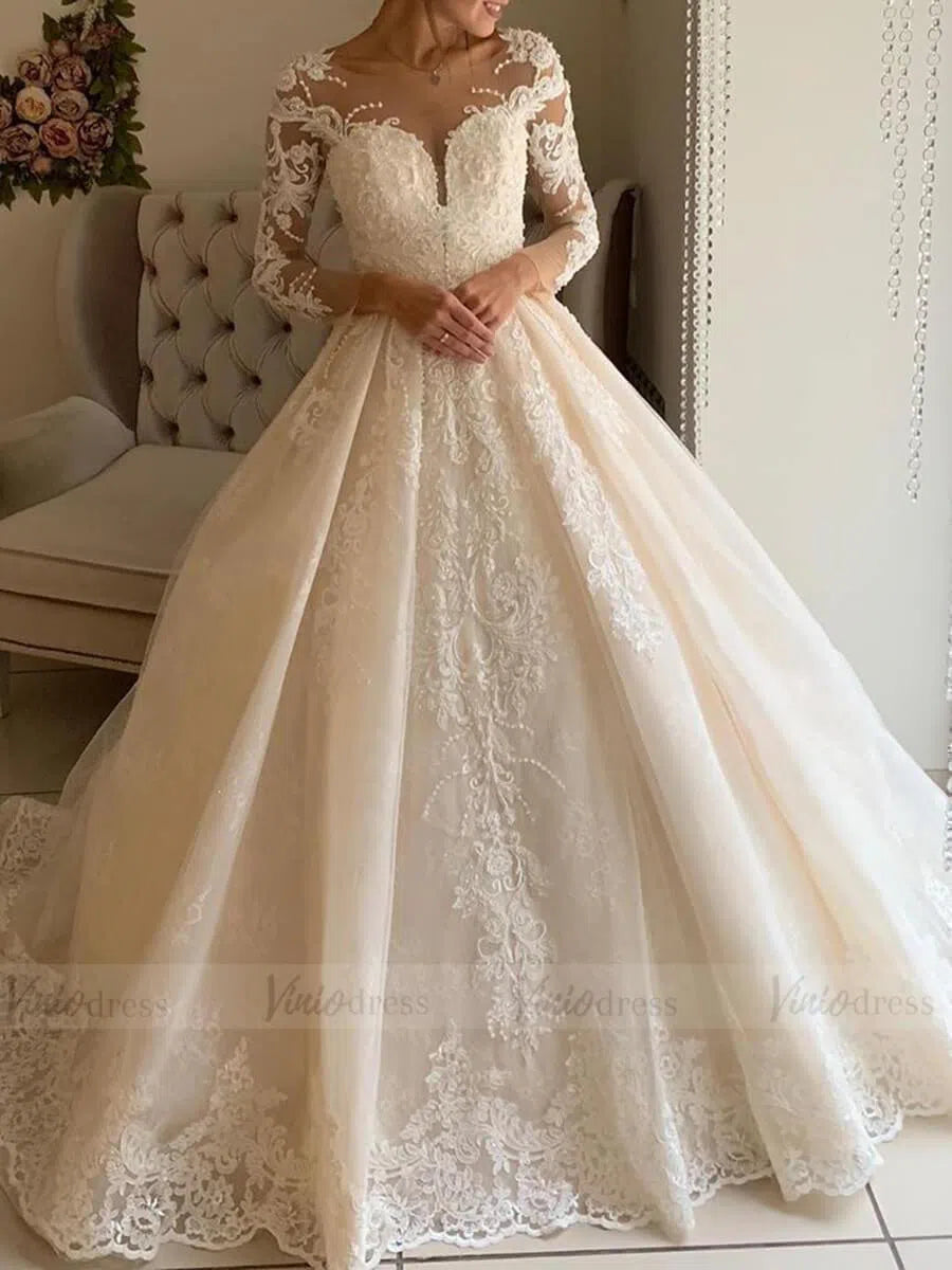 Luxury Vintage Champagne Lace Wedding Dresses with Sleeves VW1361-wedding dresses-Viniodress-Champagne-Custom Size-Viniodress