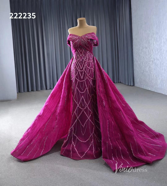 Magenta Beaded Off the Shoulder Wedding Dresses with Removable Overskirt Ball Gown 222235 - Viniodresswedding dressesMagentaCustom Size - Formal Dresses - Ball Gowns