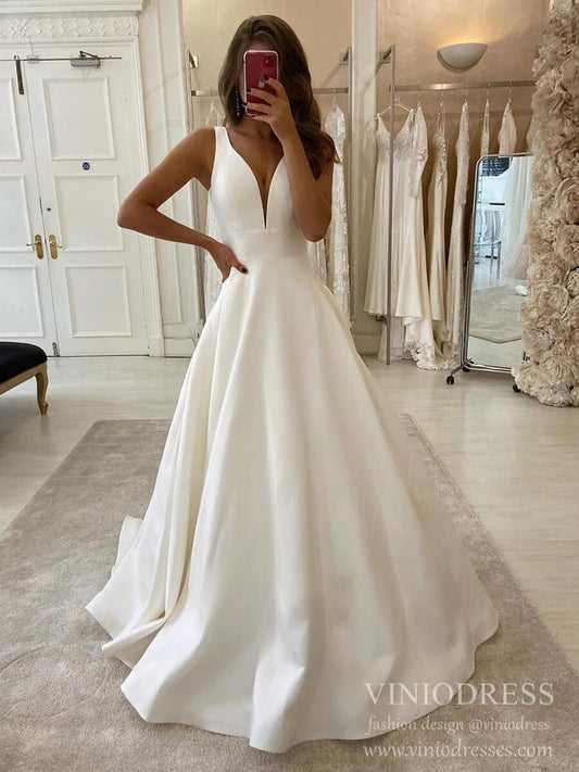 Minimalist A-line Deep V-Neck Wedding Dresses Satin Bridal Dress VW1551-wedding dresses-Viniodress-Ivory-Custom Size-Viniodress