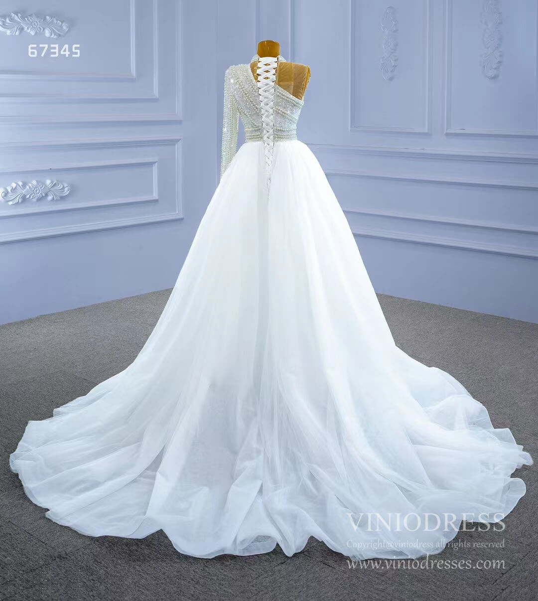 Mock Neck Pearl Beaded Overskirt Wedding Dresses 67345-wedding dresses-Viniodress-Viniodress