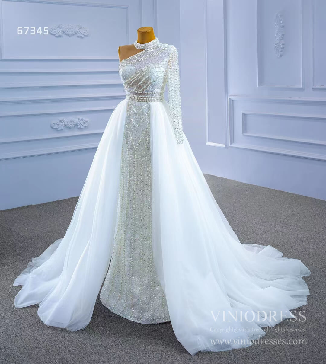 Mock Neck Pearl Beaded Overskirt Wedding Dresses 67345-wedding dresses-Viniodress-Viniodress