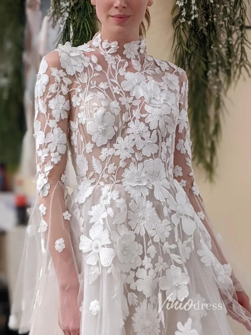 Modest 3D Floral Wedding Dresses High Neck Long Sleeve Celebrity Bridal Dress VW21241-wedding dresses-Viniodress-Viniodress