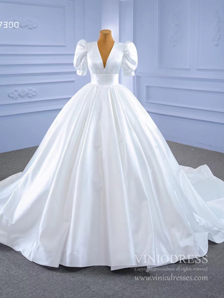 Modest Satin Wedding Gown Half Puff Sleeve Wedding Dresses 67300-wedding dresses-Viniodress-As Picture-Custom Size-Viniodress