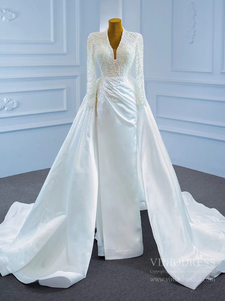 Modest V-neck Pearl Satin Sheath Wedding Dress with Slit 67251-wedding dresses-Viniodress-Viniodress