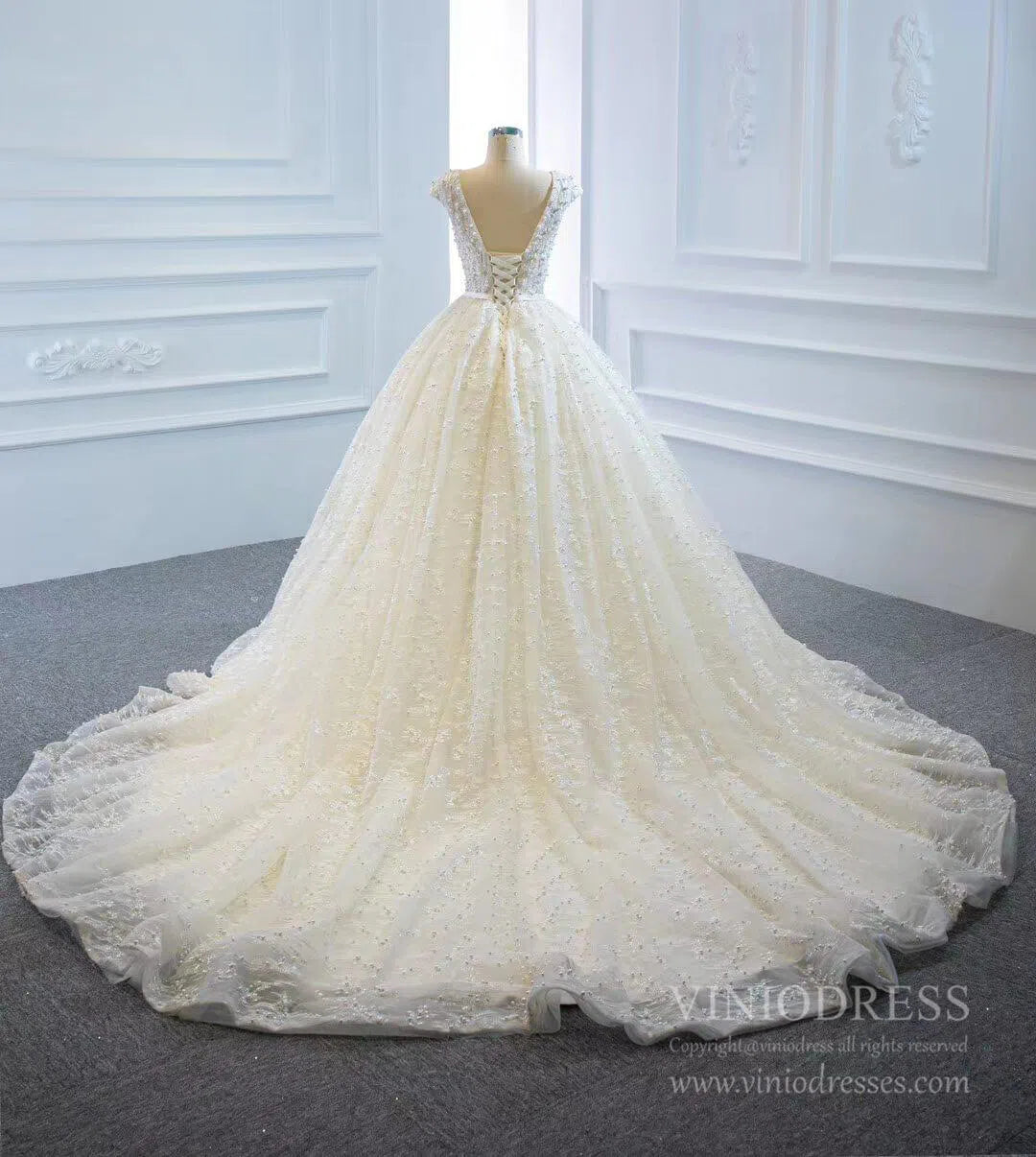 Modest Weding Dresses Pearl Beaded Cathedral Wedding Gowns VW1287-wedding dresses-Viniodress-Viniodress