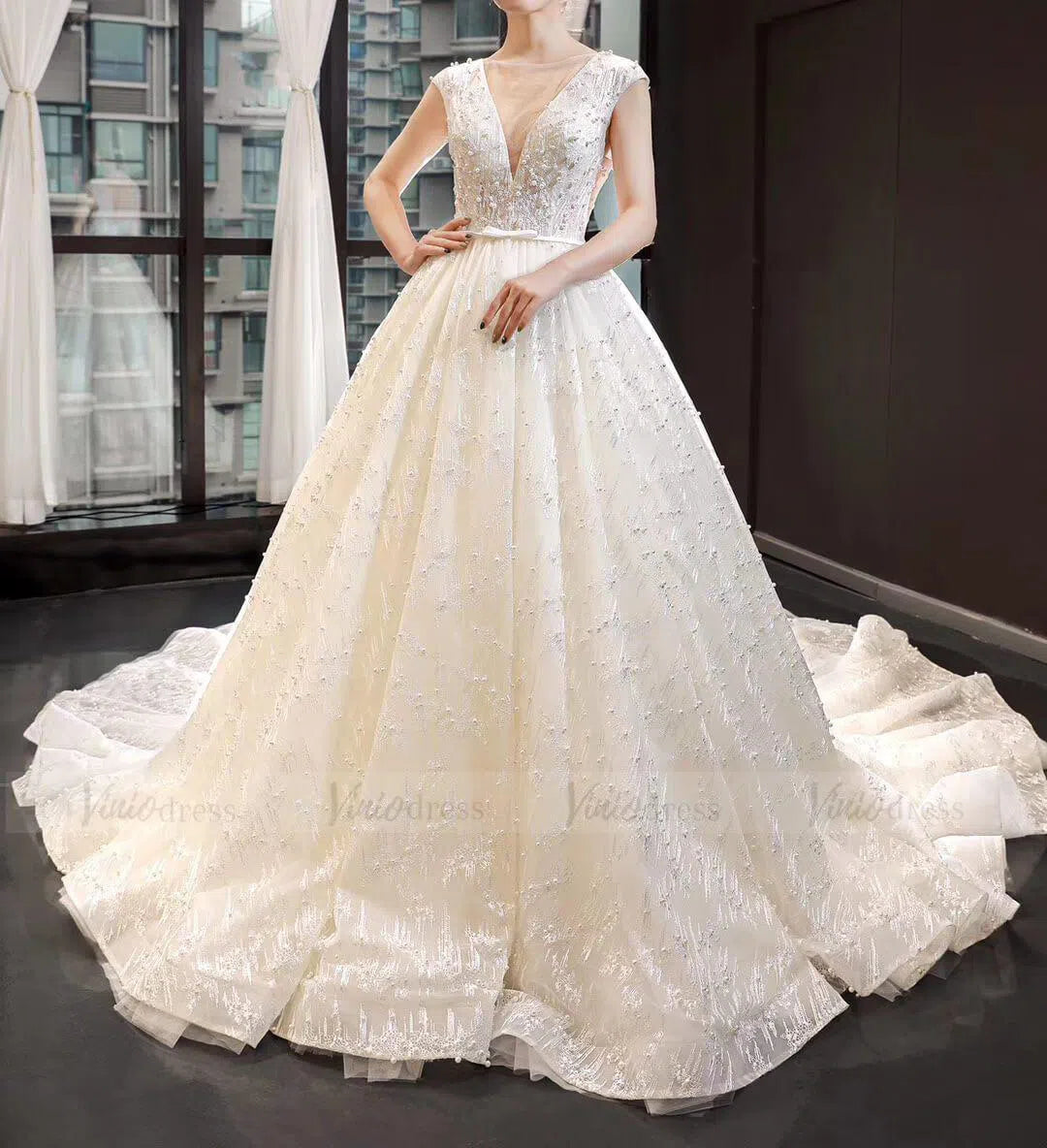 Modest Weding Dresses Pearl Beaded Cathedral Wedding Gowns VW1287-wedding dresses-Viniodress-Viniodress