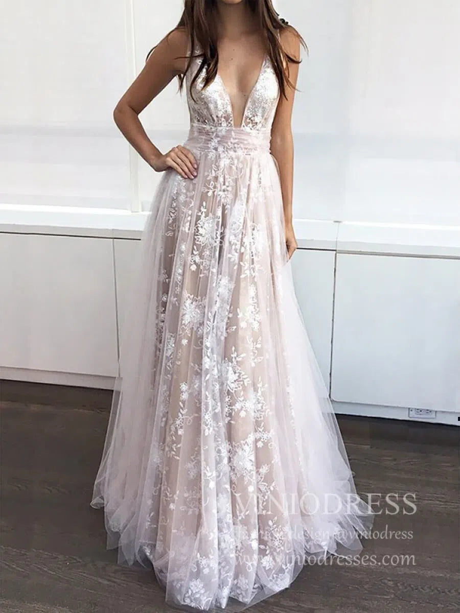 Prom Dress 2025 Nude Deep V Neck Lace Wedding Dresses A-line Prom Dress FD1735-unique wedding dresses-As Picture-Custom Size-Viniodress