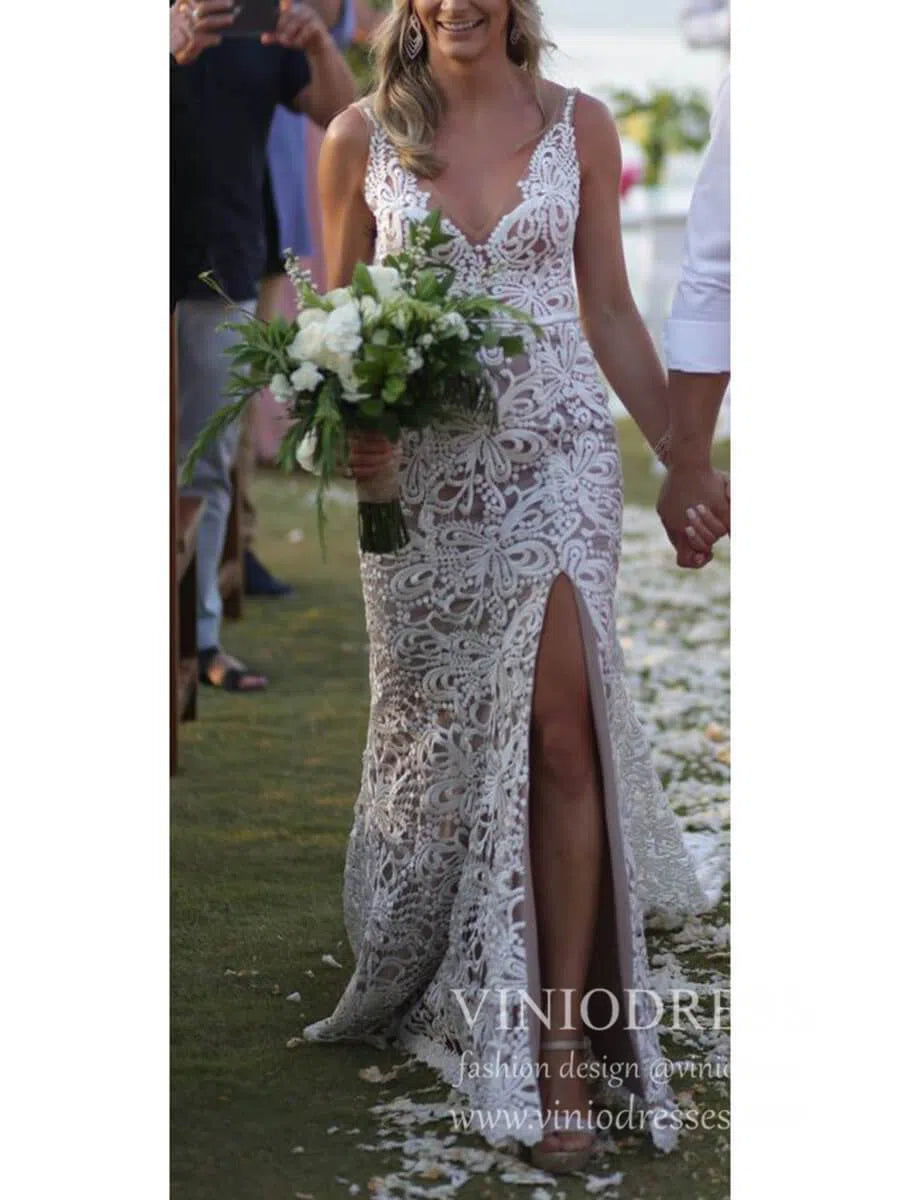 Nude Spaghetti Strap Lace Beach Wedidng Dresses with Side Slit VW1440-wedding dresses-Viniodress-Viniodress