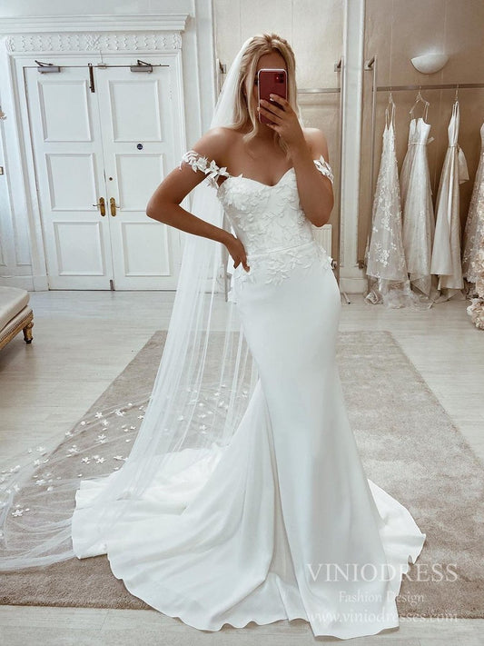 Off the Shoulder Lace Satin Mermaid Wedding Dresses VW1864-wedding dresses-Viniodress-Ivory-Custom Size-Viniodress