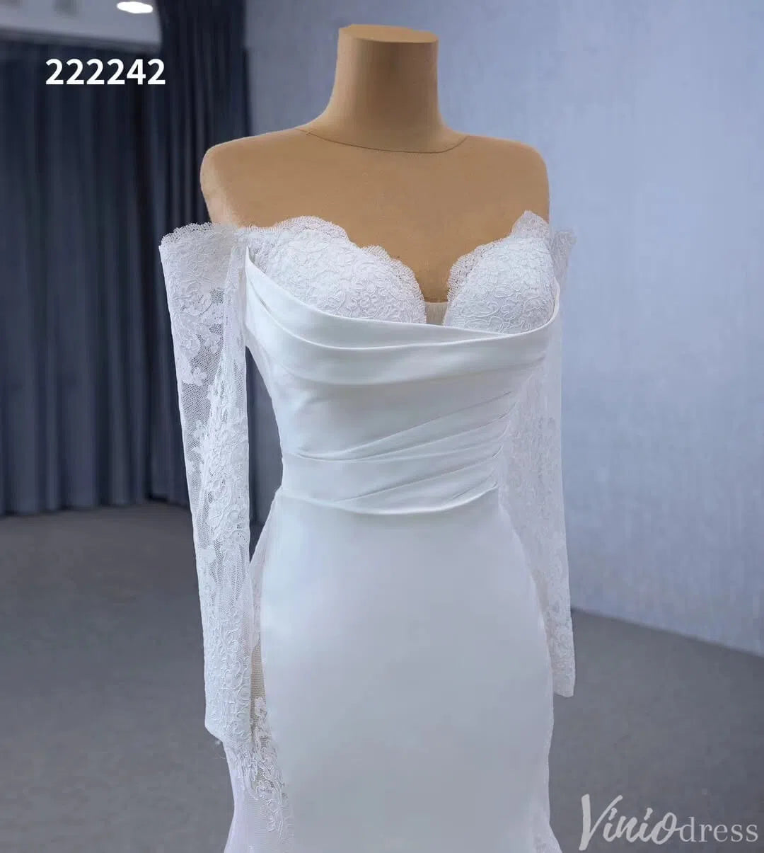 Off the Shoulder Lace Wedding Dresses Sheath Modern Bridal Dress with Sleeves 222242-wedding dresses-Viniodress-Viniodress