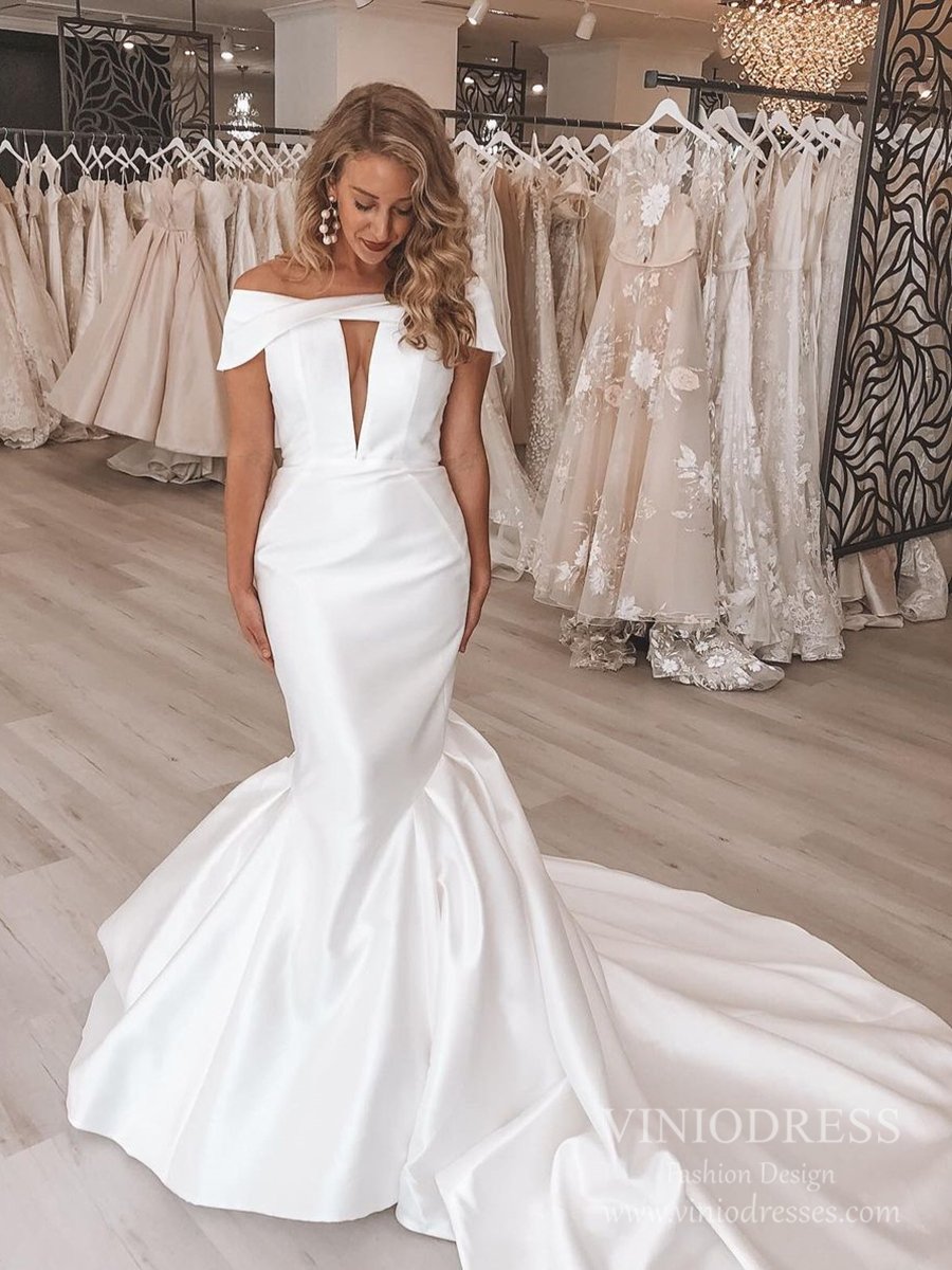 Off the Shoulder Mermaid Satin Wedding Dresses with Long Train VW1827-wedding dresses-Viniodress-Ivory-Custom Size-Viniodress