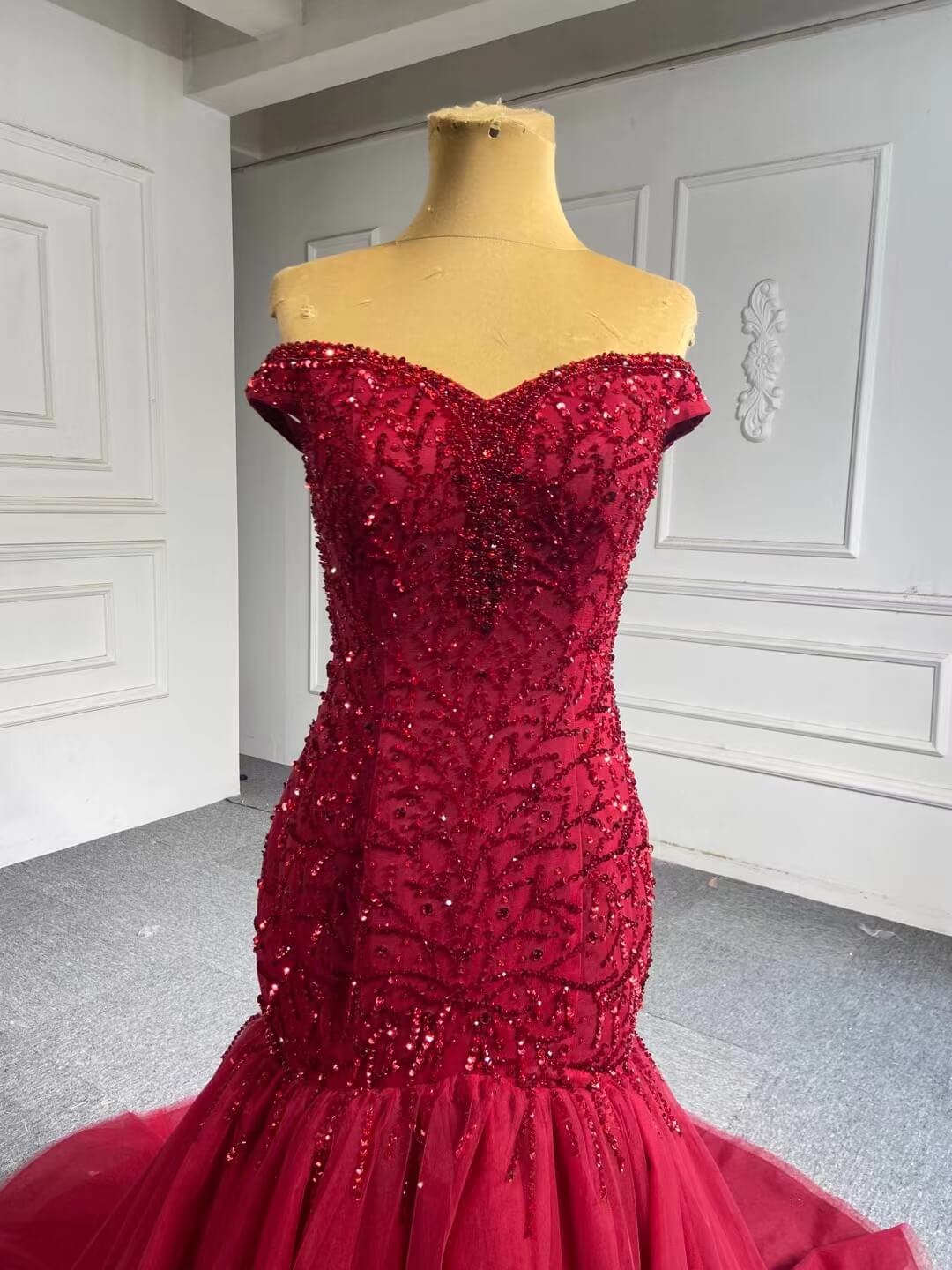 Off the Shoulder Red Mermaid Pageant Gown Beaded Wedding Dresses 67150-wedding dresses-Viniodress-Viniodress