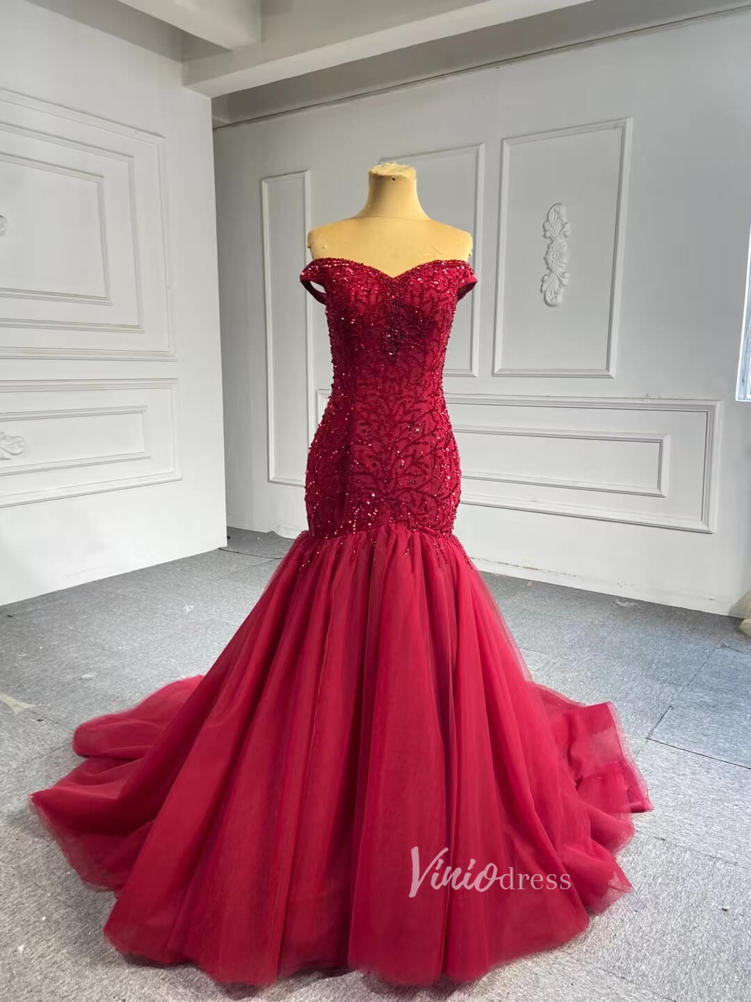 Off the Shoulder Red Mermaid Pageant Gown Beaded Wedding Dresses 67150-wedding dresses-Viniodress-Red-Custom Size-Viniodress