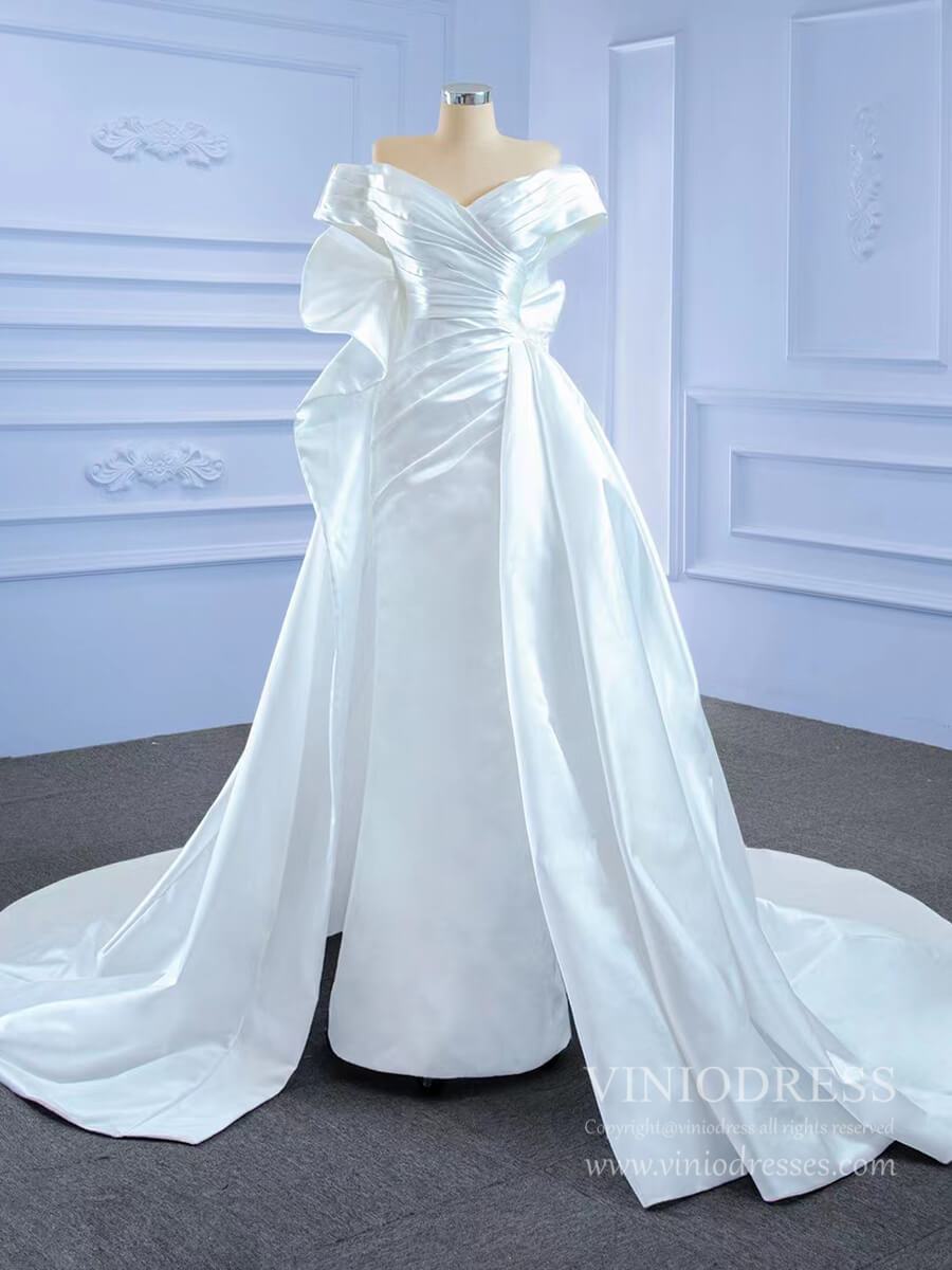 Off the Shoulder Sheath Satin Overskirt Wedding Dresses 67277-wedding dresses-Viniodress-Ivory-Custom Size-Viniodress