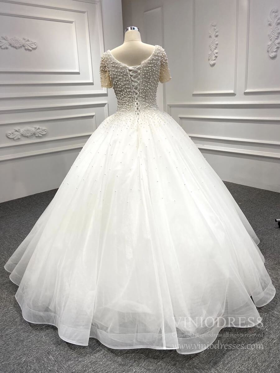 One Shoulder Pearls Wedding Dresses with Sleeves VW1772-wedding dresses-Viniodress-Viniodress