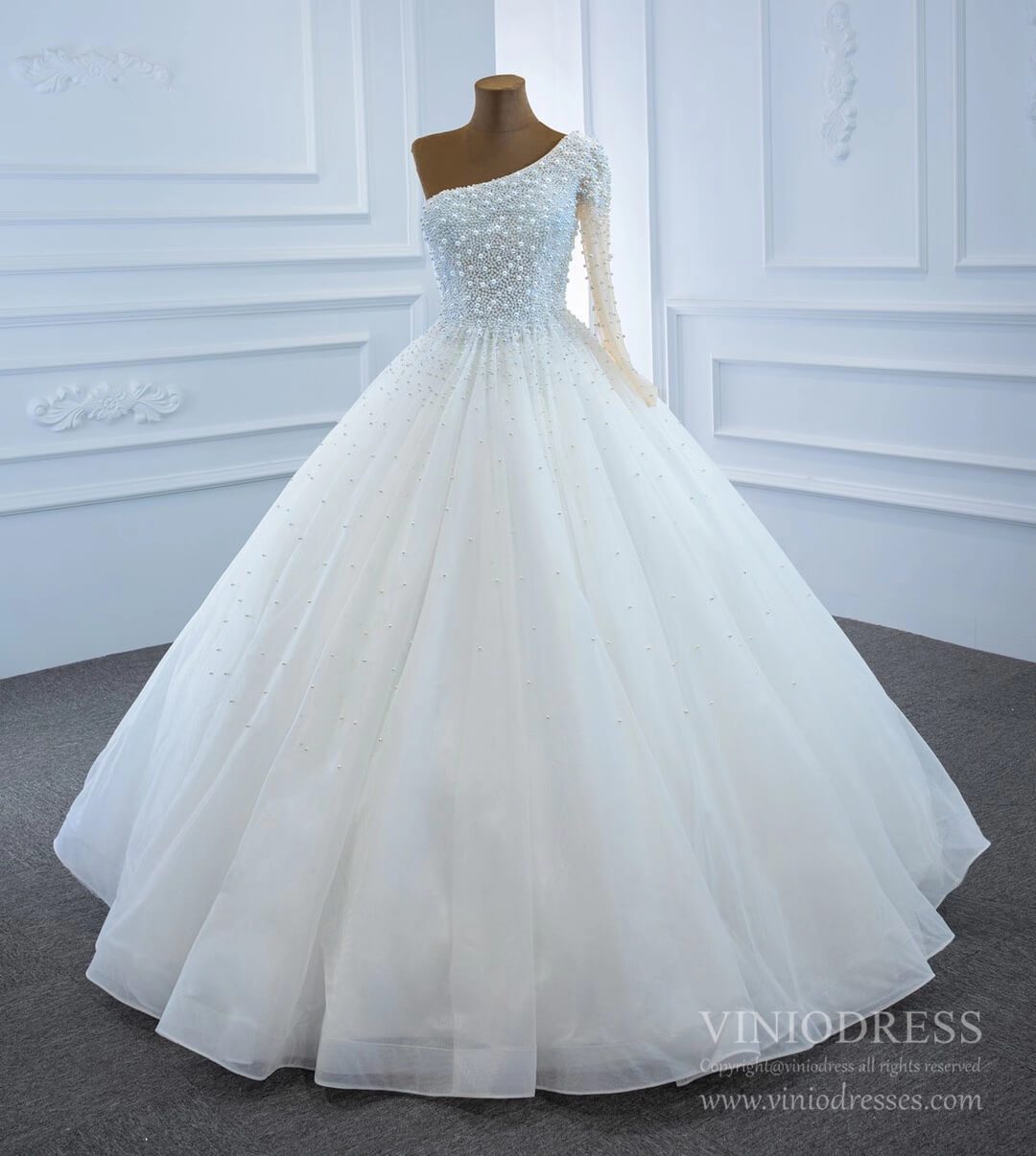 One Shoulder Pearls Wedding Dresses with Sleeves VW1772-wedding dresses-Viniodress-Viniodress