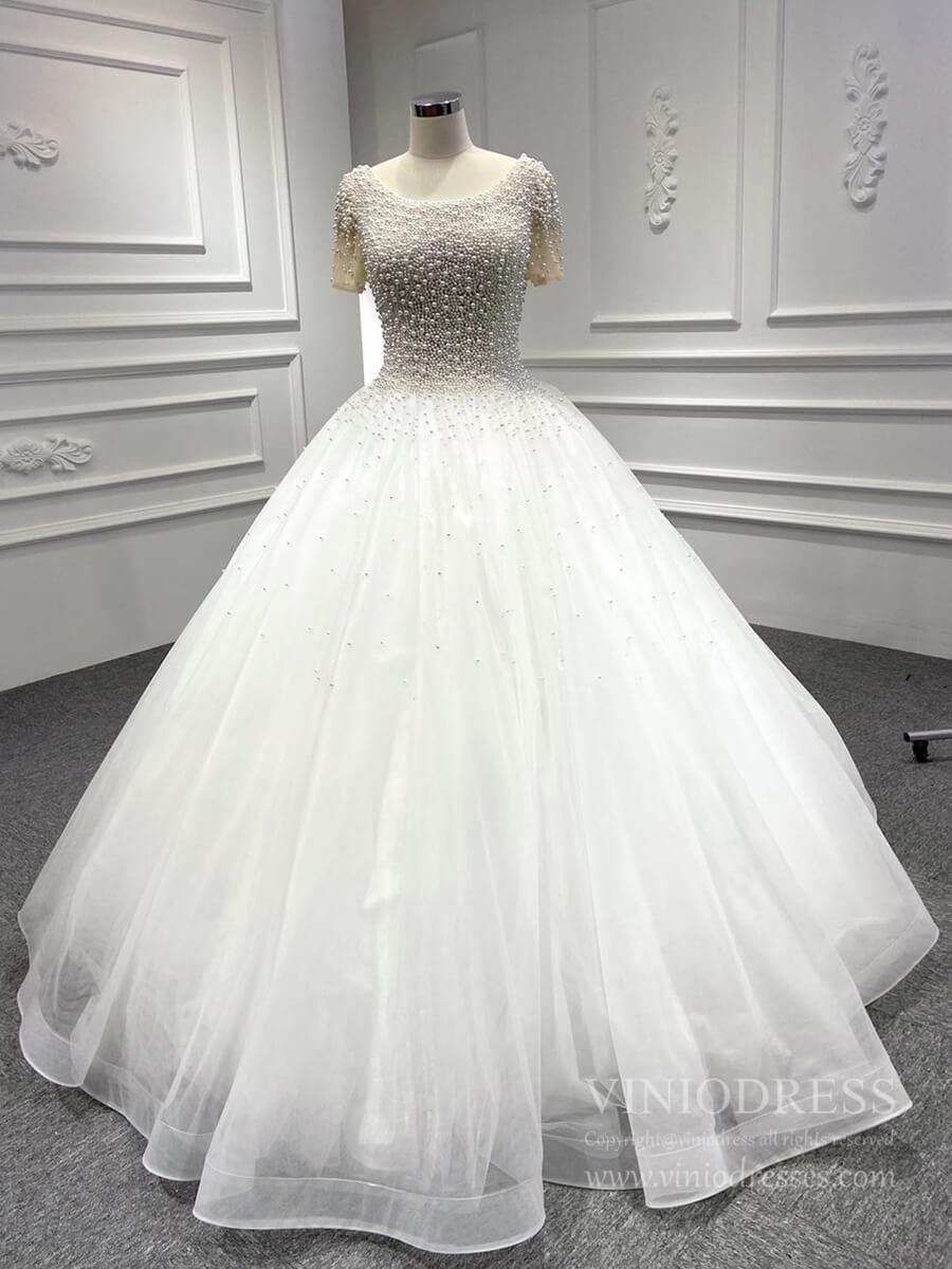 One Shoulder Pearls Wedding Dresses with Sleeves VW1772-wedding dresses-Viniodress-Viniodress