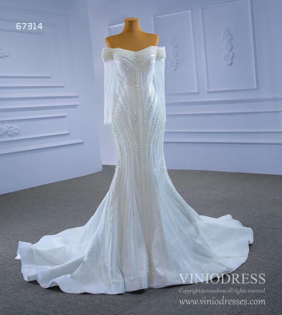 Pearl Beaded Mermaid Wedding Dresses with Long Sleeves Viniodress 67314-wedding dresses-Viniodress-Viniodress