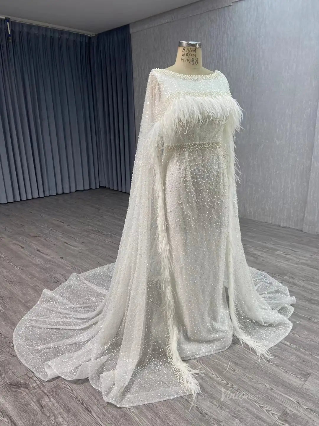 wedding dresses 2025 Pearl Feather Sheath Wedding Dresses with Cape 67305-plus size wedding dresses Viniodress-Champagne-Custom Size-