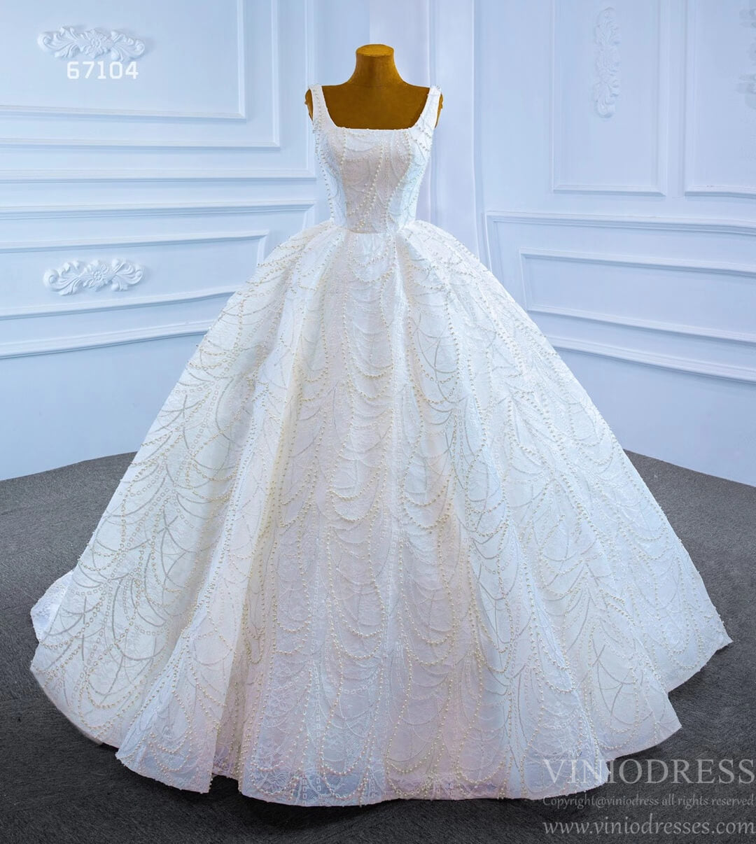 Pearl Wedding Dress Ball Gown 67104 Square Neck-wedding dresses-Viniodress-Ivory-Custom Size-Viniodress