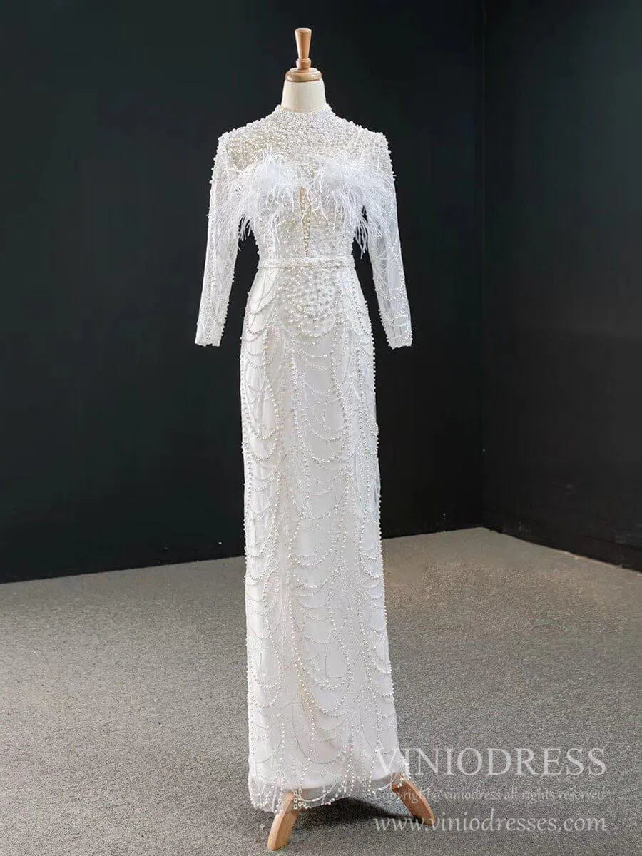 Pearls Beaded Long Sleeve Wedding Dresses with Removable Skirt VW1756-wedding dresses-Viniodress-Viniodress