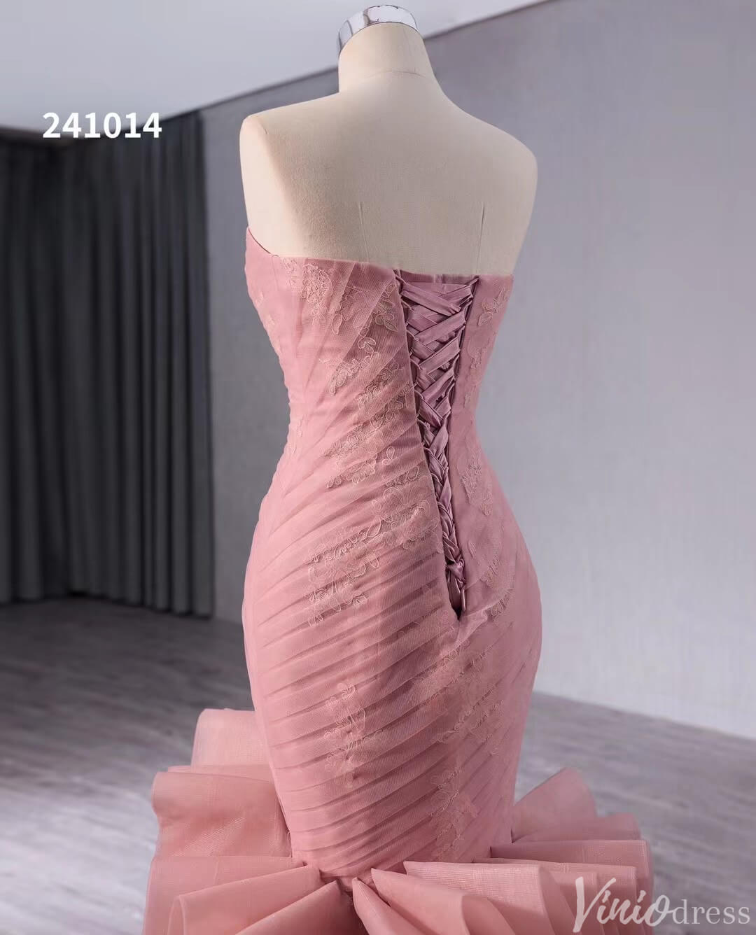 Prom Dress 2025 Pink Strapless Mermaid Wedding Gown Ruched Ruffled Lace Applique Pageant Dress 241014-unique wedding dresses-Pink-Custom Size-Viniodress