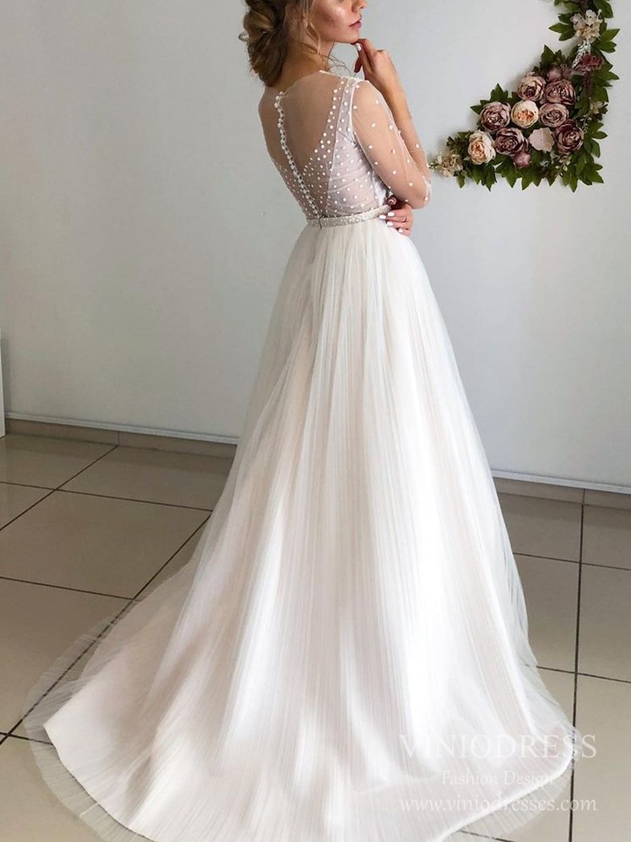 Pleated Tulle A-line Pearl Wedding Dresses with Long Sleeves VW1836-wedding dresses-Viniodress-Viniodress