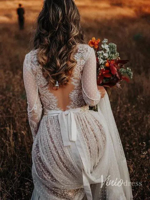 Polka Dot Boho Wedding Dresses with Sleeves Viniodress VW1114-wedding dresses-Viniodress-As Picture-Custom Size-Viniodress