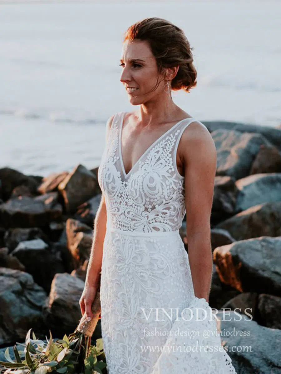 Romantic Bohemian Lace Rustic Wedidng Dresses with Train VW1440-wedding dresses-Viniodress-Viniodress