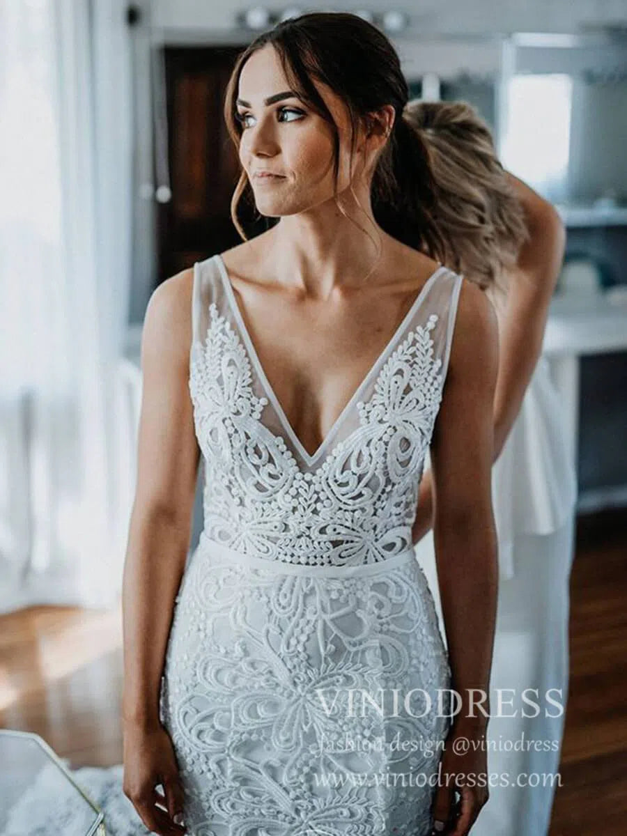 Romantic Bohemian Lace Rustic Wedidng Dresses with Train VW1440-wedding dresses-Viniodress-Viniodress