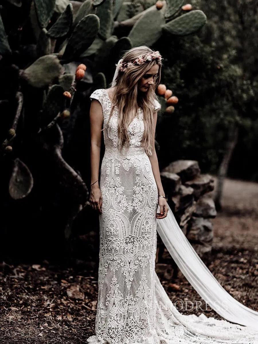 Rustic Lace Country Wedding Dresses Sheath Beach Boho Wedding Dress Viniodress VW1057 As Picture US 0