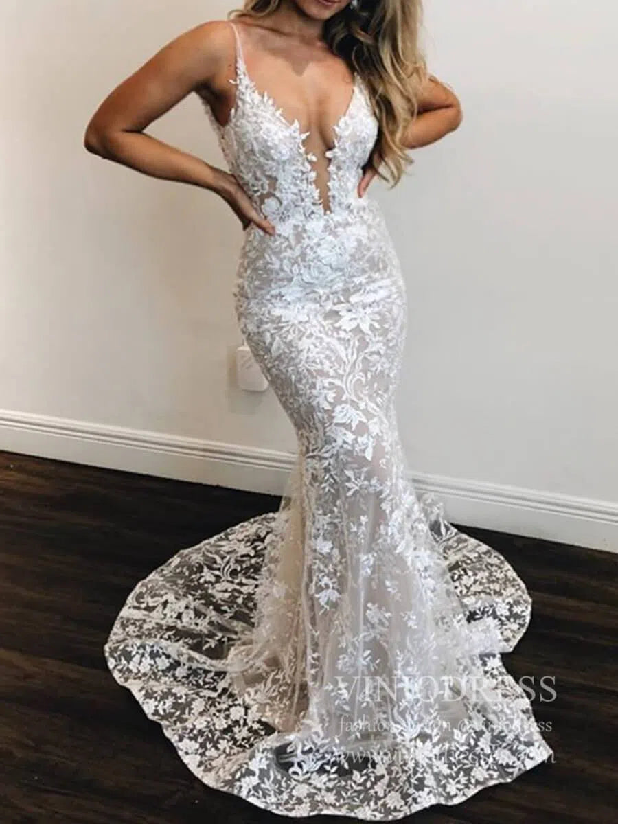 Sexy Mermaid Lace Wedding Dresses Deep V Neck Boho Wedding Dress VW1455-wedding dresses-Viniodress-Nude-Custom Size-Viniodress