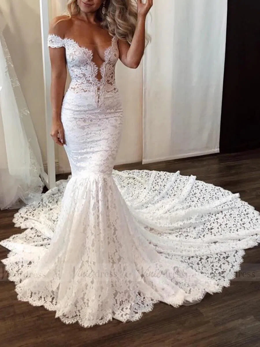 Sexy Mermaid Lace Wedding Dresses Off the Shoulder Bridal Dress VW1297-wedding dresses-Viniodress-Viniodress