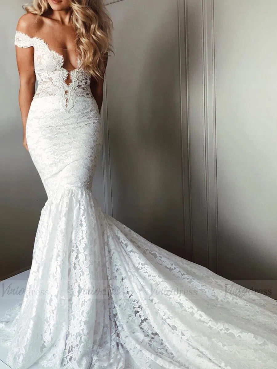 Sexy Mermaid Lace Wedding Dresses Off the Shoulder Bridal Dress VW1297-wedding dresses-Viniodress-Viniodress