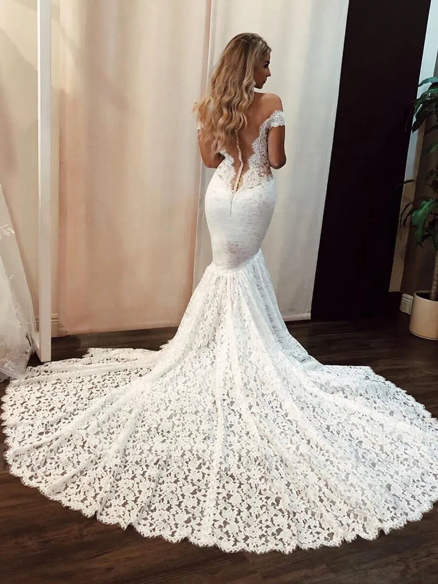 Sexy Mermaid Lace Wedding Dresses Off the Shoulder Bridal Dress VW1297-wedding dresses-Viniodress-Ivory-Custom Size-Viniodress