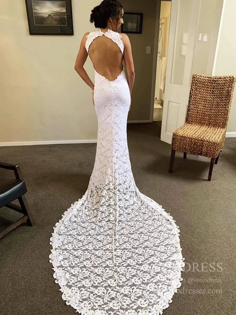 Sexy Open Back Mermaid Lace Boho Wedding Dresses with Slit VW1396-wedding dresses-Viniodress-Viniodress