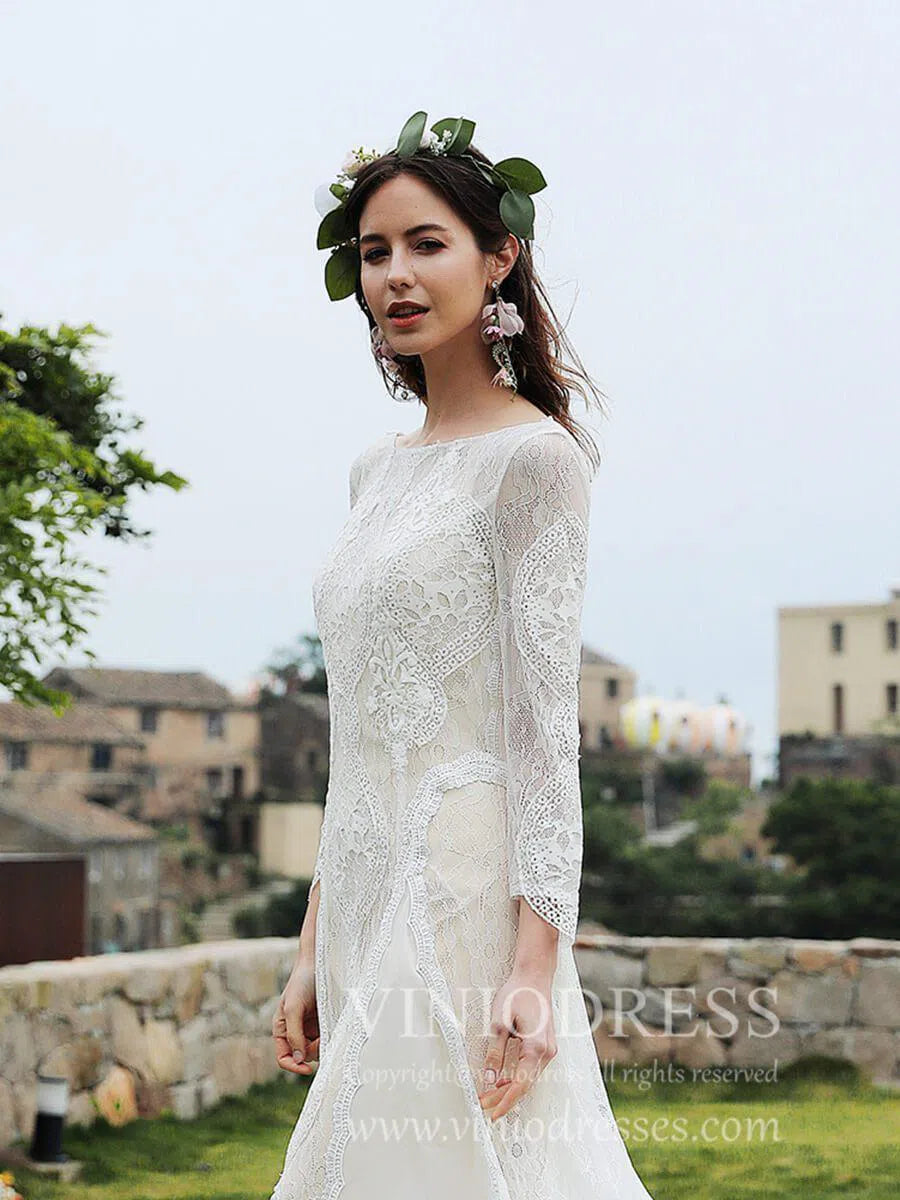 Sheath Lace Boho Wedding Dresses with Sleeves Beach Wedding Dress VW1047-wedding dresses-Viniodress-Viniodress