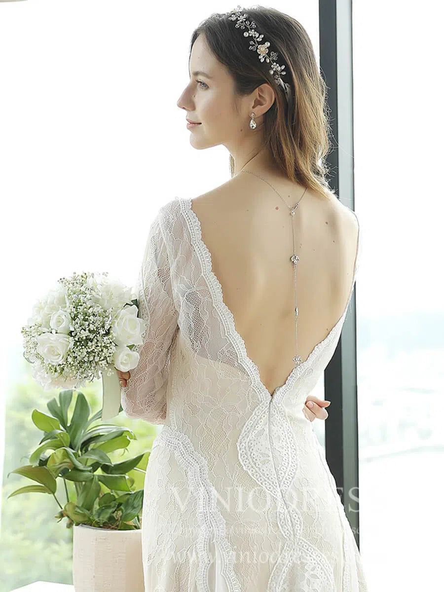 Sheath Lace Boho Wedding Dresses with Sleeves Beach Wedding Dress VW1047-wedding dresses-Viniodress-Viniodress