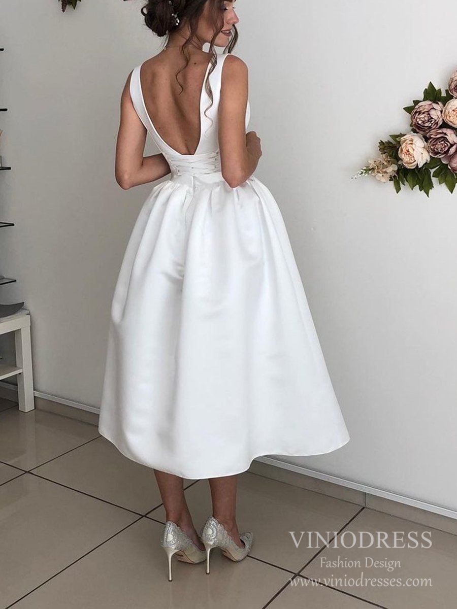 Simple A-line V-neck Midi Length Satin Wedding Dresses VW1831-wedding dresses-Viniodress-Viniodress