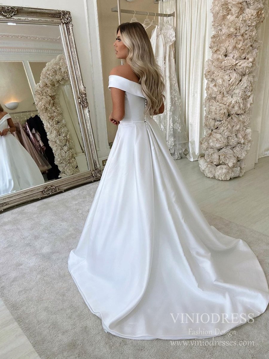 Simple A-line Wedding Dresses Off the Shoulder Satin Bridal Dress VW1553-wedding dresses-Viniodress-Viniodress