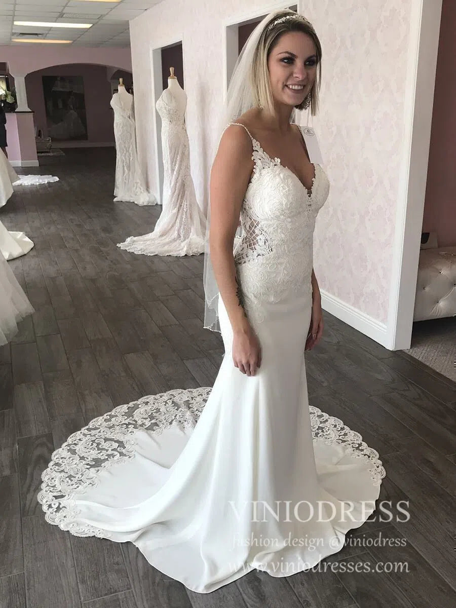 Simple Lace Mermaid Wedding Dresses with Beaded Straps VW1431-wedding dresses-Viniodress-Viniodress