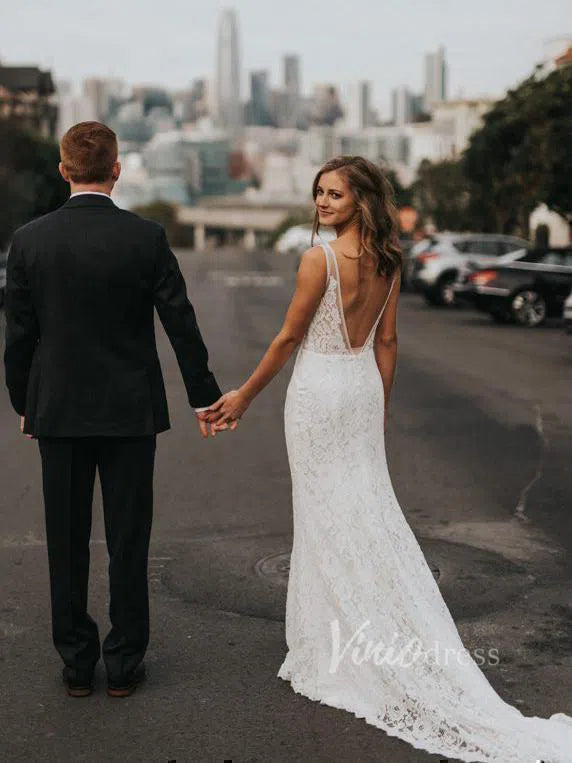 Simple Lace Sheath Beach Wedding Dresses with Long Train VW1082-wedding dresses-Viniodress-Viniodress