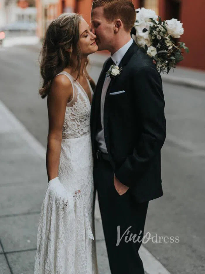 Simple Lace Sheath Beach Wedding Dresses with Long Train VW1082-wedding dresses-Viniodress-Viniodress