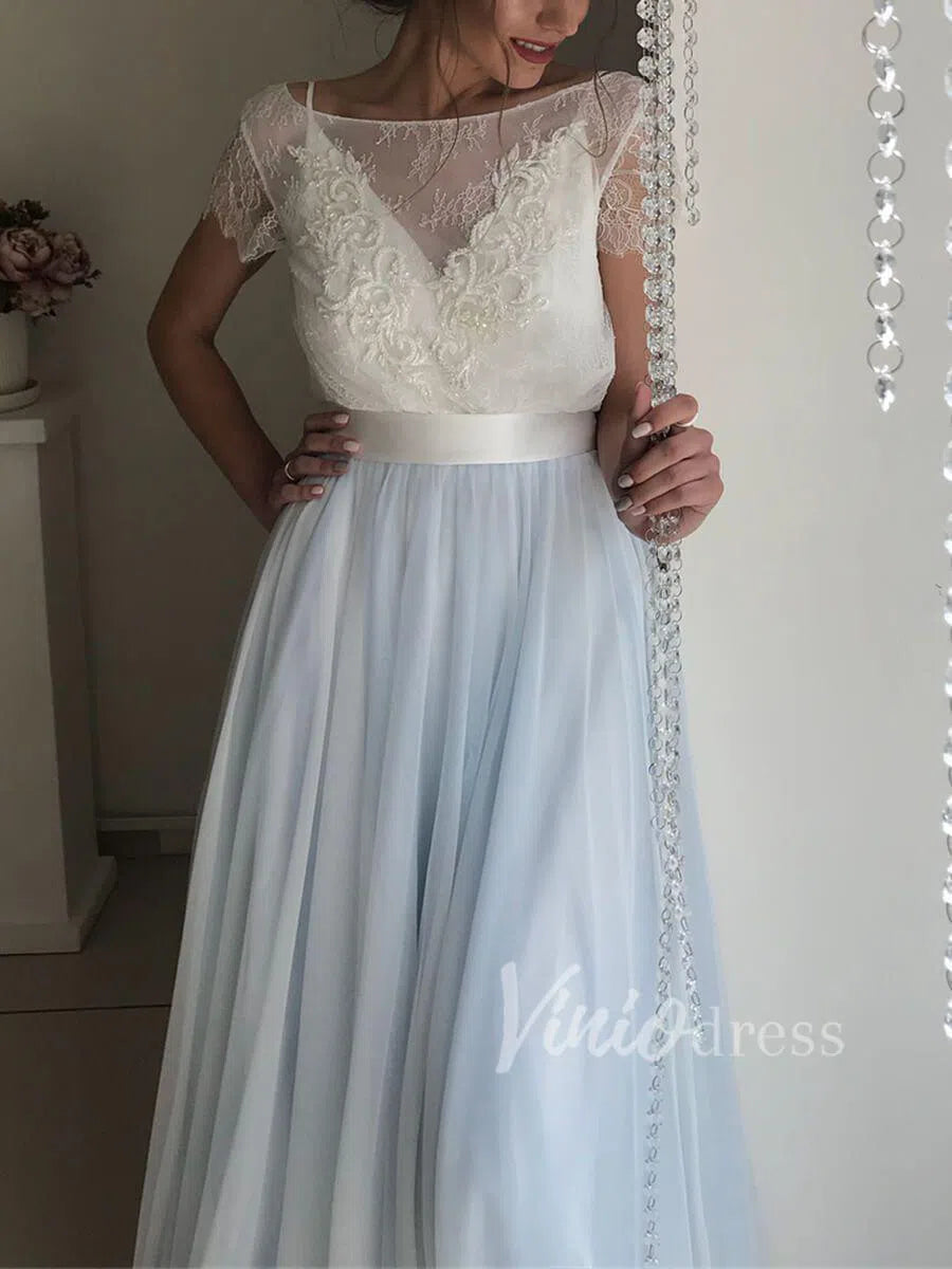 Cheap Simple Light Blue Beach Wedding Dresses with Sash VW1263-wedding dresses-Viniodress-Viniodress