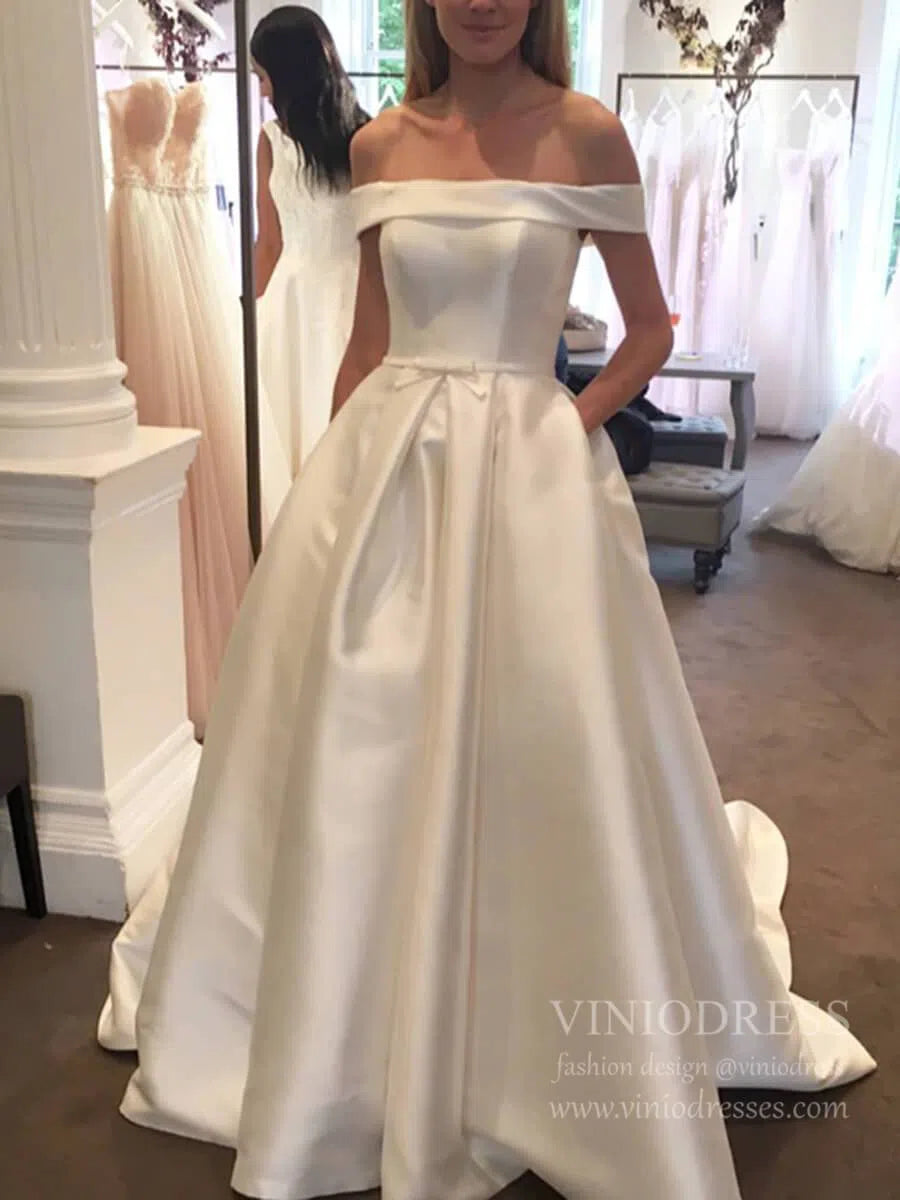 Simple Off the Shoulder Wedding Dresses with Pockets VW1394-wedding dresses-Viniodress-Ivory-Custom Size-Viniodress