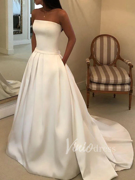 Simple Strapless Satin Wedding Dresses with Pockets VW1207-wedding dresses-Viniodress-Ivory-Custom Size-Viniodress