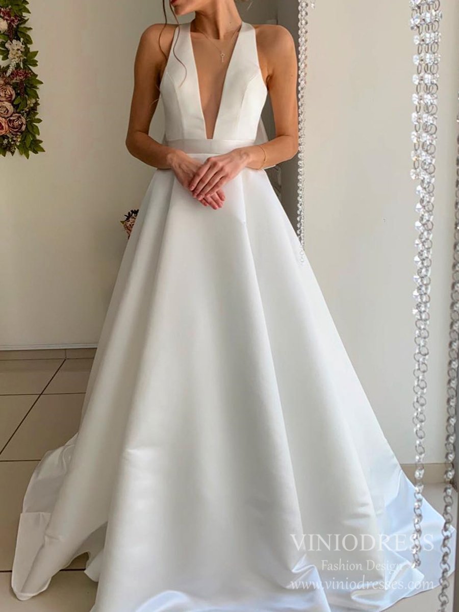 Simple V-neck Open Back Satin Wedding Dresses with Bow VW1833-wedding dresses-Viniodress-Viniodress