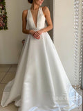 Simple V-neck Open Back Satin Wedding Dresses with Bow VW1833-wedding dresses-Viniodress-Viniodress