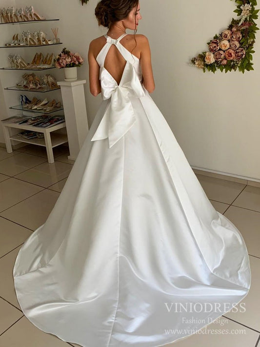 Simple V-neck Open Back Satin Wedding Dresses with Bow VW1833-wedding dresses-Viniodress-Ivory-Custom Size-Viniodress